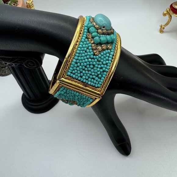 Modern Beaded Cuff Bracelet Turquoise Gold Tone Boho Statement Wide Bangle - Picture 3 of 7